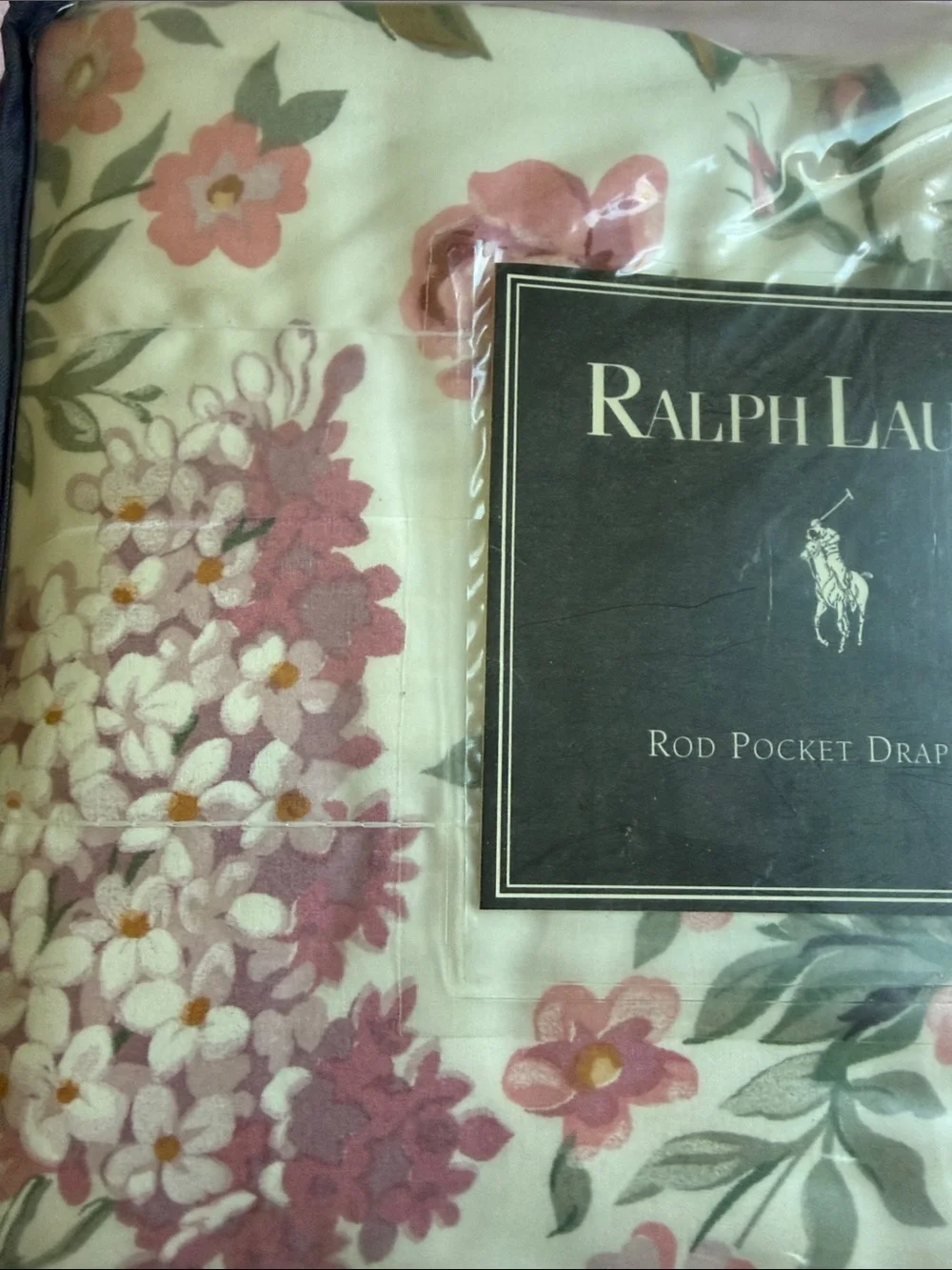 Ralph Lauren Cream Floral Rod Pocket Draperies with Pink and Green Accents